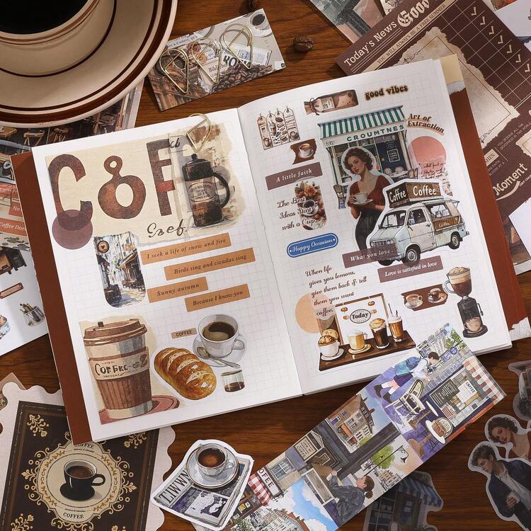 Vintage Scrapbooking Set, Including Stickers, Coffee Themed Materials, Character Stickers, Notebook, Tape Stickers, Notebook Gift Box Set - 1 Set - View 6