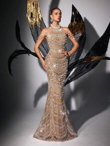 Women Luxury Halter Neck Heavy Beaded Sequin Formal Evening Gowns Sexy Backless Mermaid Prom Wedding Guest Spring Summer Cocktail Party Maxi Dresses - Champagne - View 5