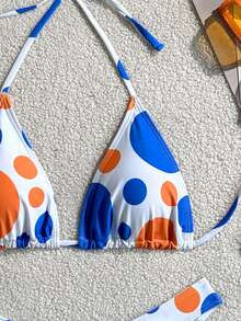 女士夏季沙滩几何印花挂脖系带时尚比基尼和三角泳裤套装 - 彩色 - 查看 3