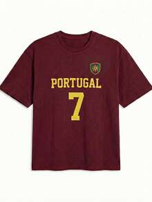 Men's Portugal Letter Slogan #7 Double-Sided Print T-Shirt, Casual Street Style Football Fan Jersey, Wine Red - Red - View 3