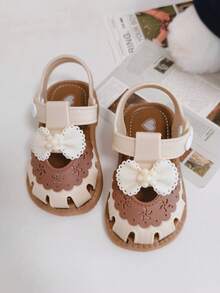 1 Pair Toddler Cute Bow Decor Hook And Loop Design Soft Sole Comfortable Multipurpose Beach Sandals, Summer, Suitable For 0-3 Years Old Babies - Beige - View 8