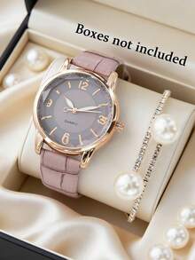 两件套女士手表套装，简约时尚的PU皮革石英手表搭配精致手链，适合日常佩戴。 - 紫色 - 查看 1
