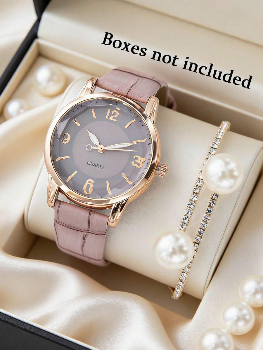 两件套女士手表套装，简约时尚的PU皮革石英手表搭配精致手链，适合日常佩戴。 - 紫色 - 查看 1