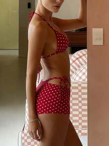 Women's Vacation Style 2 Piece Bikini Set.Red Base White Dots Halter Triangle Cups Cutout Shorts Great For Beach Photoshoots  Girls' Trips - 紅色 - 查看 3