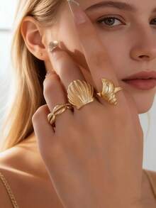 3枚波西米亚风金属几何贝壳戒指，适合日常佩戴、度假、作为珠宝礼物 - 金黃色 - 查看 1