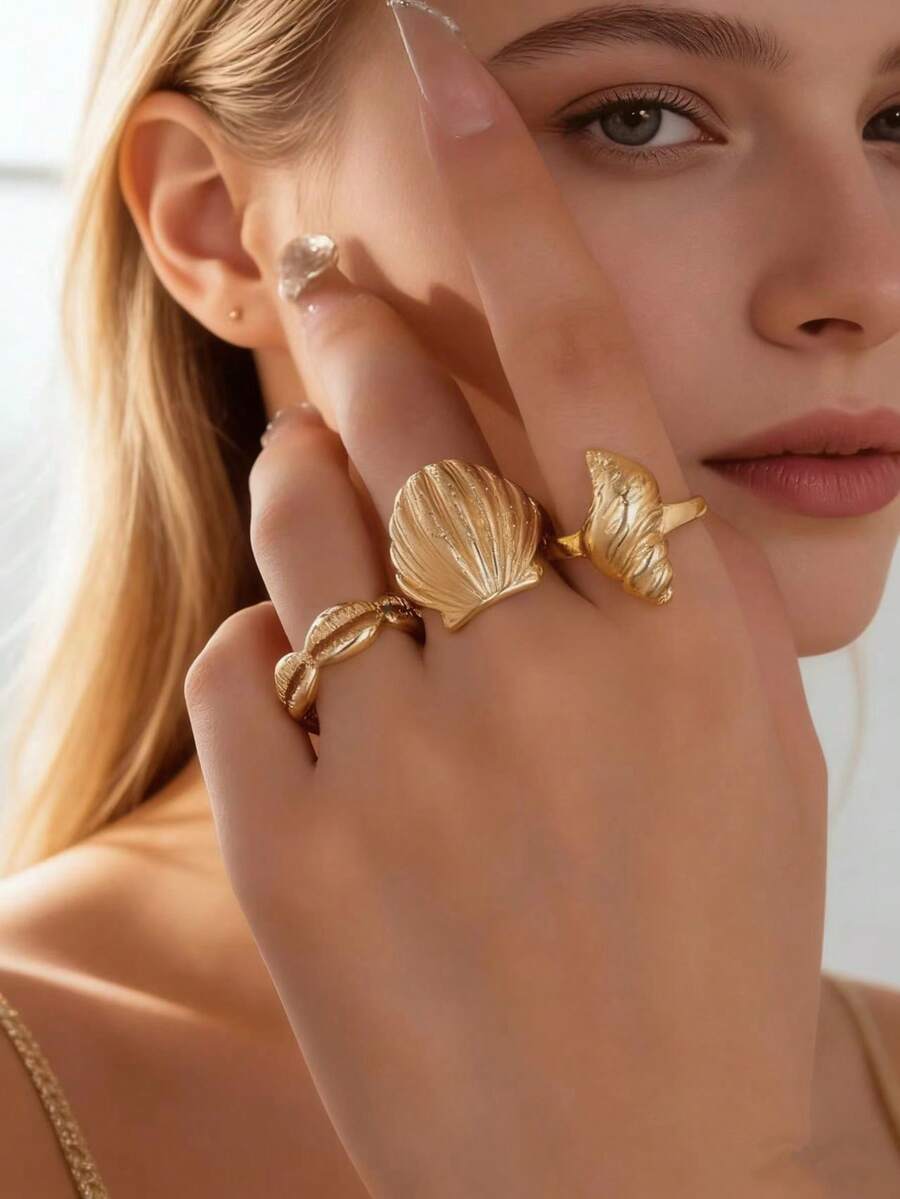 3枚波西米亚风金属几何贝壳戒指，适合日常佩戴、度假、作为珠宝礼物 - 金黃色 - 查看 1