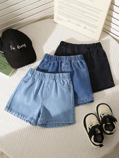 Set de 3 piezas de shorts vaqueros casuales y clásicos versátiles y de moda para niños pequeños