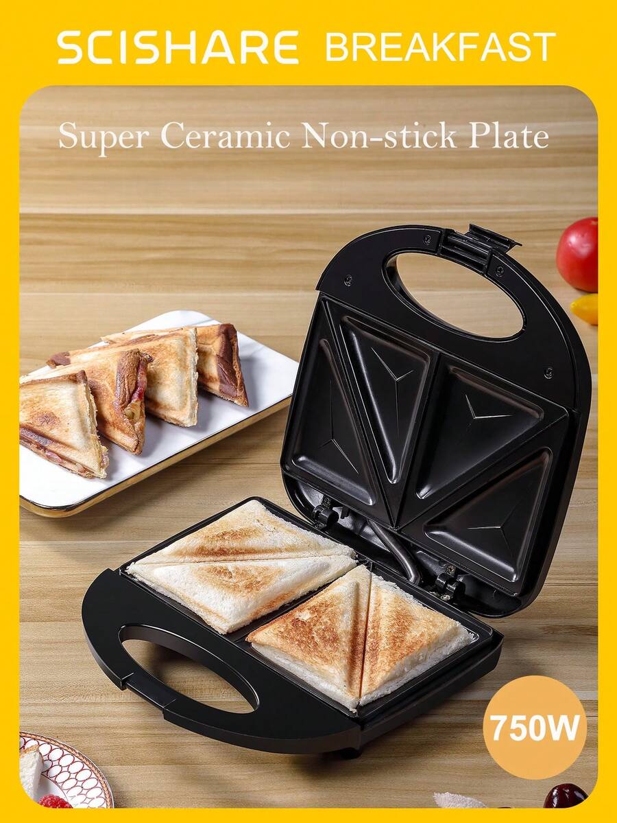 SCISHARE 1 Máy làm bánh mì kẹp 23x23x7.5cm, công suất 750W, trang bị tấm nướng gốm chống dính | Phích cắm EU | Làm nóng hai mặt | Làm nóng đều | Dễ dàng vệ sinh, tiện lợi cho việc làm bữa sáng và đồ ăn nhẹ. Thiết kế nhỏ gọn, đáy chống trượt, lý tưởng cho gia đình và văn phòng. - Phích cắm loại EU E (220-240V) - Xem 1