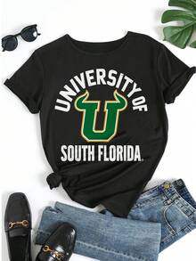 Women's University Of South Florida Graphic Tee, Casual Short Sleeve Crew Neck T - Shirt, Vintage College Sports Inspired Top For Summer Streetwear,Tops For Women,Women Tops,Women's Tops Clothes ,Women Tops, Blouses & Tee  Camiseta Para Mujer,Motif Women Clothes,Summer Clothes,Spring Outfits For Women,Graphic Tees Women,Black Top,Summer Tops, - màu đen - Xem 5