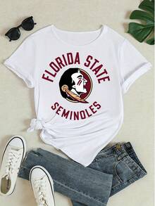 Women's Florida State Seminoles Graphic Short Sleeve T-Shirt, Casual Crew Neck Sports Team Printed Top, Vintage College Logo Tee For Summer Daily Wear,Tops For Women,Women Tops,Women's Tops Clothes ,Women Tops, Blouses & Tee  Camiseta Para Mujer,Motif Women Clothes,Summer Clothes,Spring Outfits For Women,Graphic Tees Women,Black Top,Summer Tops, - trắng - Xem 4
