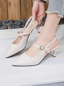 女士夏季系带尖头高跟凉鞋，露跟亮面皮革礼服鞋 - 白色 - 查看 5