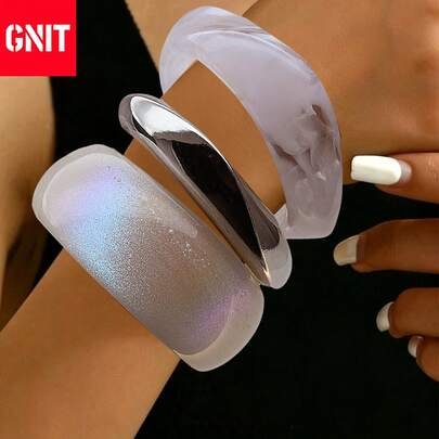 GNIT Multi-Piece Chunky Resin Bangle Set: Iridescent Shimmer, Cloudy White & Silver Plated Bracelets – Stackable Wide Cuff For Cyber Y2K Retro Fashion Jewelry