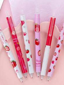 Random Cute Sweet Strawberry Click Gel Pen Black Student Prize Gift 4pcs Back To School - One Size - View 3