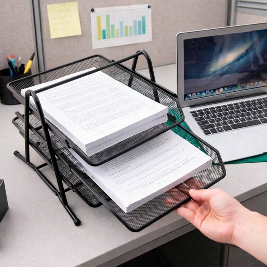 Organizador de Escritorio de Malla Metálica con 3 Niveles - Bandejas Deslizantes para Documentos y Archivos - Organizador 3 niveles - Ver 1