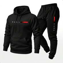 Unisex Paris Print Sweatshirt And Hoodie Set With Kangaroo Pocket - 灰色 - 查看 2