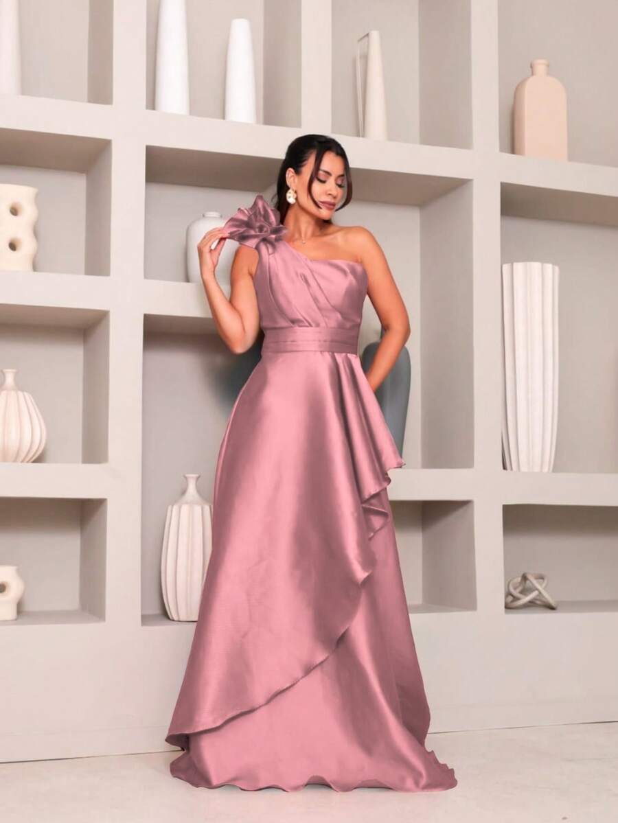 Elegant Women's Long Dress With Flower Detail - Bridesmaid - 乾枯玫瑰色 - 查看 1