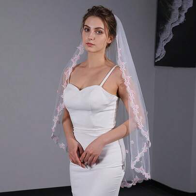 1pc Minimalist Single-Layer Lace Embroidered Faux Pearl Short Veil, Wedding Bridal Accessory For Ceremony & Photoshoot