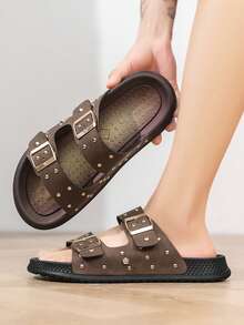 2026 Men's Brown Rivet Sandals, Fashion Double Buckle Punk Rivet Slippers, Plus Size Retro Open Toe Beach Sandals, Non-Slip Breathable Comfortable Versatile Flat Slides, Thick Sole Outdoor Flip Flops, Strap Beach Shoes - Brown - View 3