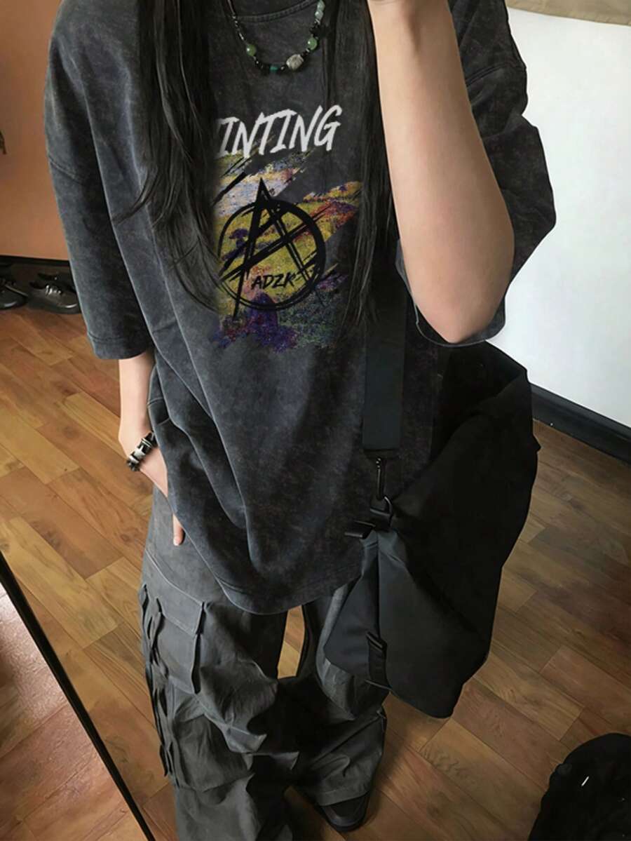 2026 Summer New Women's Casual Loose Round Neck Retro Distressed English Print Graphic Tee, Versatile Streetwear Short Sleeve T-Shirt Black - Black - View 1