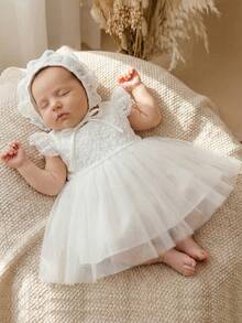 Vestido de bautizo blanco de encaje y tul para niñas de 0 a 2 años con sombrero - Blanco - Ver 3