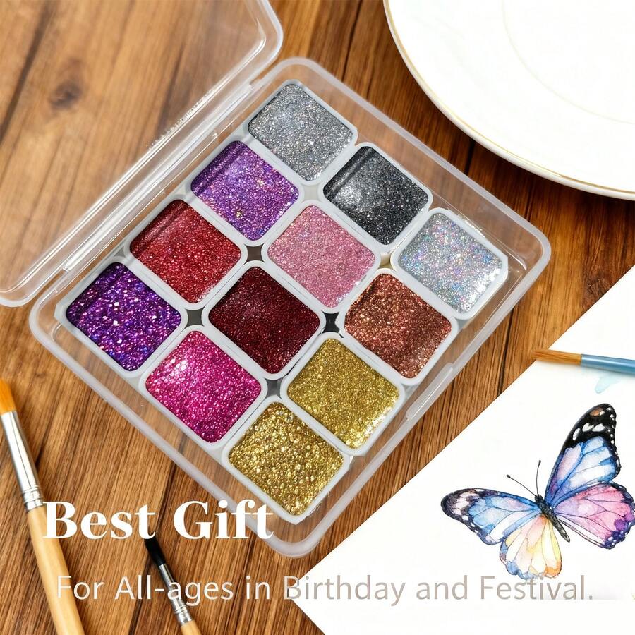 12色全息金粉，适用于激光雕刻、水彩画，可用于绘画、书法、水彩、花束包装、染色及其他艺术用途。是制作节日贺卡和专业艺术应用的理想之选。