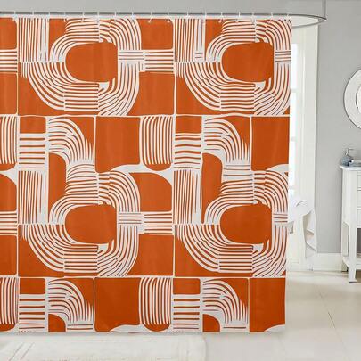 1pc Medieval Shower Curtain, Bohemian Geometric Shower Curtain, Modern Minimalist Orange Striped Shower Curtain, Suitable For Bathroom Bathtub Partition, Bathroom Accessories, Bathroom Shower Curtain Decoration