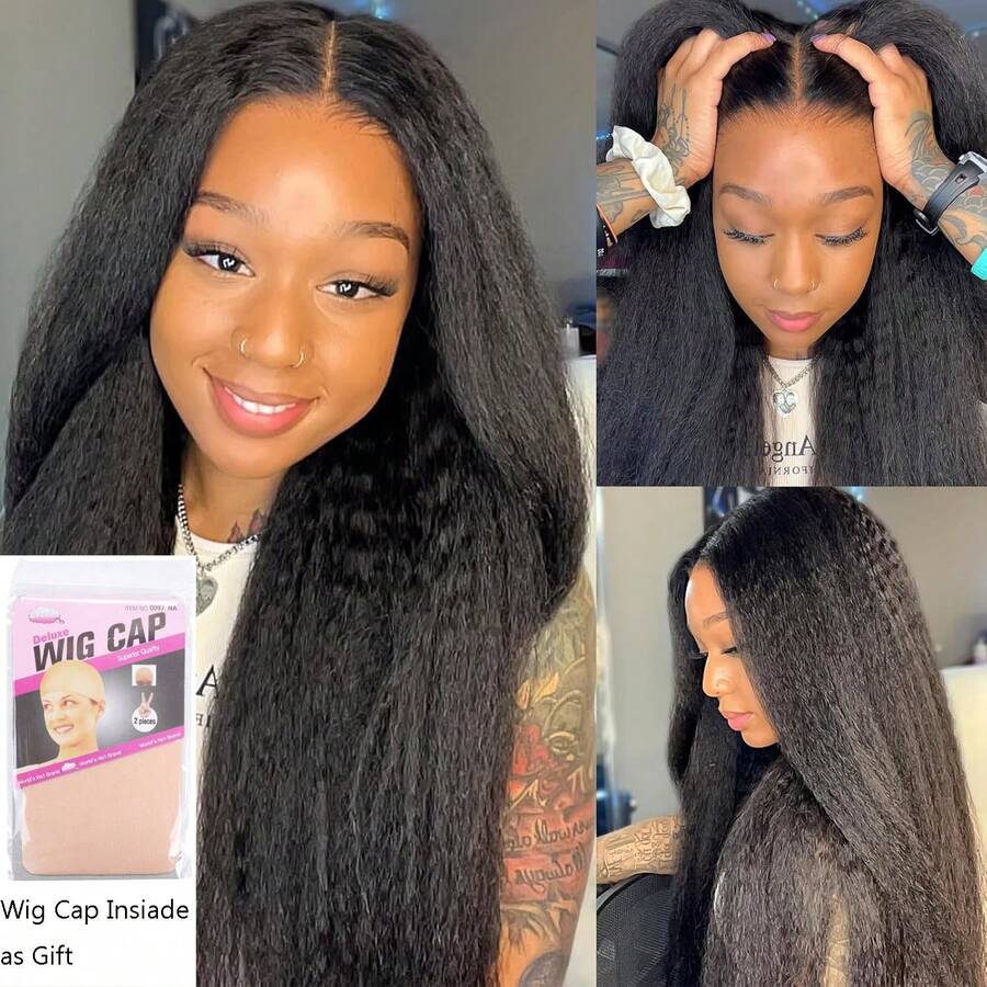 13x6 Lace Front Yaki Straight Wig HD Transparent Kinkly Straight Lace Frontal Closure Human Hair Wigs Glueless Wig Pre Plucked With Baby Hair