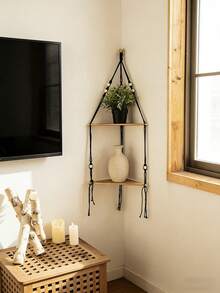 1 peça Prateleira de canto decorativa flutuante de parede em estilo boêmio preto, suporte triangular moderno para canto em estilo casa de campo com detalhes de contas e borlas, prateleira de armazenamento que economiza espaço para sala de estar, quarto, banheiro, cozinha, apartamento, dormitório, prateleira para plantas, estante de livros, decoração de parede para escritório em casa - Preto - Ver 7