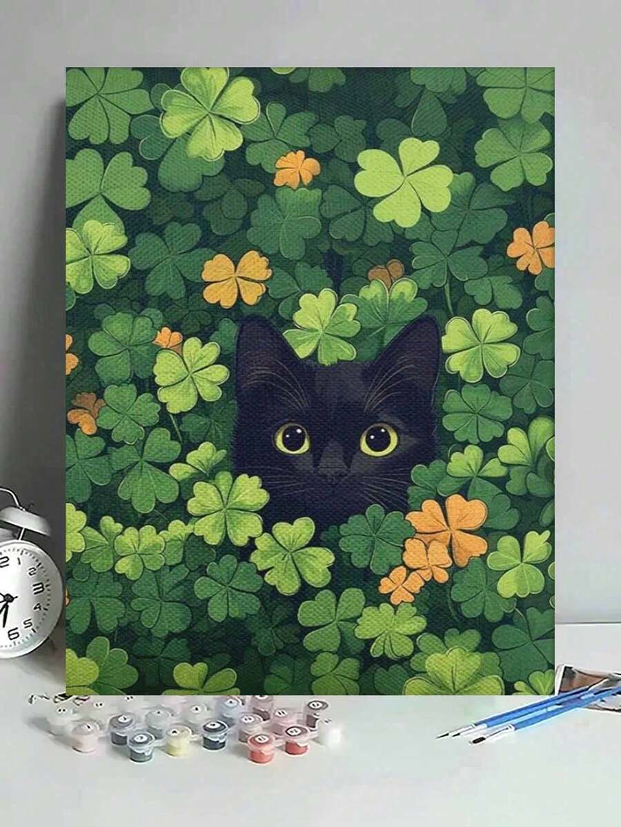 1pc 2D Flat Digital Painting On Canvas, Black Cat In Clover Leaves, DIY Craft, Home Decor Gift, Lucky Clover, Natural Green Art - 40*50cm - View 1