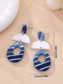1 Pair Handmade Modern Geometric Blue & White Striped Textured Layered Geometric Design Earrings, Suitable For Beach Vacation, Daily Commute, Art Exhibitions - Blue and White - View 6