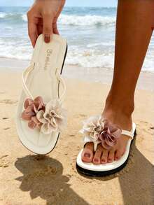 White Sandals, Women's Beach Sandals, Women's Flip Flops, New Summer Women's Double Flower Flat Sandals, Women's 3D Double Flower Sandals, Women's Slippers, Women's Flat Sandals, Slides, Elegant Women's Sandals, Minimalist Fashion Women's Flat Slippers, Women's White Sandals, Holiday Shoes, Summer Sandals, Sandals, Flip Flops, Lightweight Soft-Sole, Outdoor Holiday, Women's Flat Thong Sandals, White Thong Sandals - White - View 2