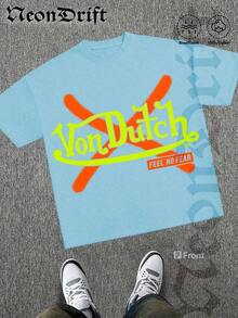 SummerNeonDrift Street Double-Sided Printing Cotton T-Shirt 100% Cotton Fabric Unisex Style-Men T Shirt Skull Graphic Print Neon Yellow Orange Cross Design Streetwear Fashion Casual Wear For Urban Style Fans Hip Hop Look Breathable 100 Cotton Comfortable FitLoose And Comfortablesummer Clothes - 淺藍色 - 查看 2