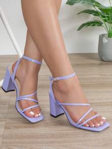 Square Toe Thick High Heel Rhinestone Decorated Elegant Glamorous Sandals, Suitable For Banquet Party, Fashion Versatile - Lilac Purple - View 6