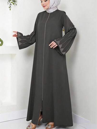 Elegant Rhinestone Embellished Long Sleeve Loose Solid Color Dress, Middle Eastern Arabic Style