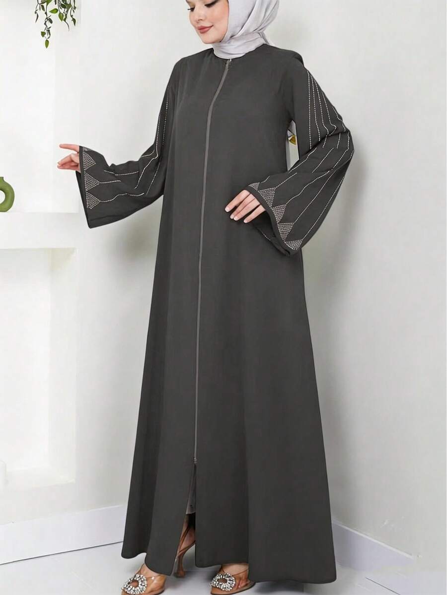Elegant Rhinestone Embellished Long Sleeve Loose Solid Color Dress, Middle Eastern Arabic Style Spring - Grey - View 1