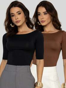 Kit 2 Women's Canoe Blouses Short Sleeve Basic Suplex Casual - Black and Brown - View 1