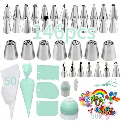 146pcs Cake Decorating Set, Baking Supplies, Decorating Tools, Icing Piping Nozzles, Stainless Steel Frosting Tips, Multipurpose Tools For Christmas, Halloween, Thanksgiving Baking And Cake Design