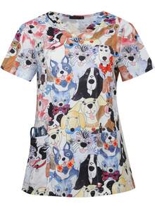 Blusa de enfermera de manga corta con cuello en V y estampado de perro de dibujos animados, con bolsillos, para primavera/verano - Multicolor - Ver 3