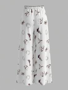 Women's Casual White Vacation Ruffled Elastic Mesh Printed Wide Leg Pants, Spring/Summer - White - View 3