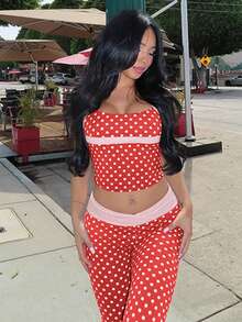 Women's Fashion Sexy Polki Dot Printed Suspender Top Waist-Length Hip-Lifting Trousers Sports Suit Two-Piece Set - 紅色 - 查看 6