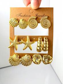 Set de 2-10 piezas de aretes casuales con diseño asimétrico de estrella de mar y concha, adecuado para fiesta, regalo, playa, cumpleaños, uso diario - Dorado - Ver 1