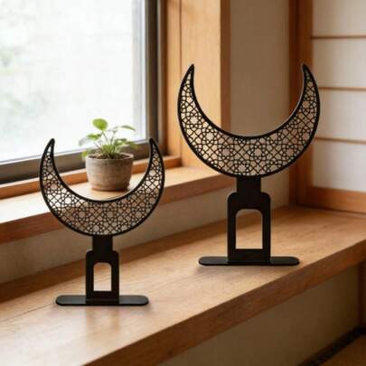 2 piezas Decoración de escritorio en forma de media luna estilo árabe de acrílico, accesorios para el hogar de estilo islámico, adornos con forma de media luna negra impresa para el estudio, el comedor, el escritorio de la oficina, adecuados para la decoración del hogar, festivales, cumpleaños, regalos de buen augurio, decoración de campamento al aire libre de Oriente Medio