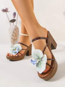 Women's Platform Wedge Sandals, Bohemian 3D Floral Decor, Retro Faux Wood Grain Platform Wedge Roman Slide Sandals. Fashionable Spring/Summer Thick Sole Wedge High Heel Sandals. Suitable For Daily Wear, Parties, Vacations, Gatherings, Banquets, Weddings, Fashion Shows. Can Be Paired With Camisoles, T-Shirts, Shirts, Bikinis, Skirts, Dresses, Shorts. - Baby Blue - View 1