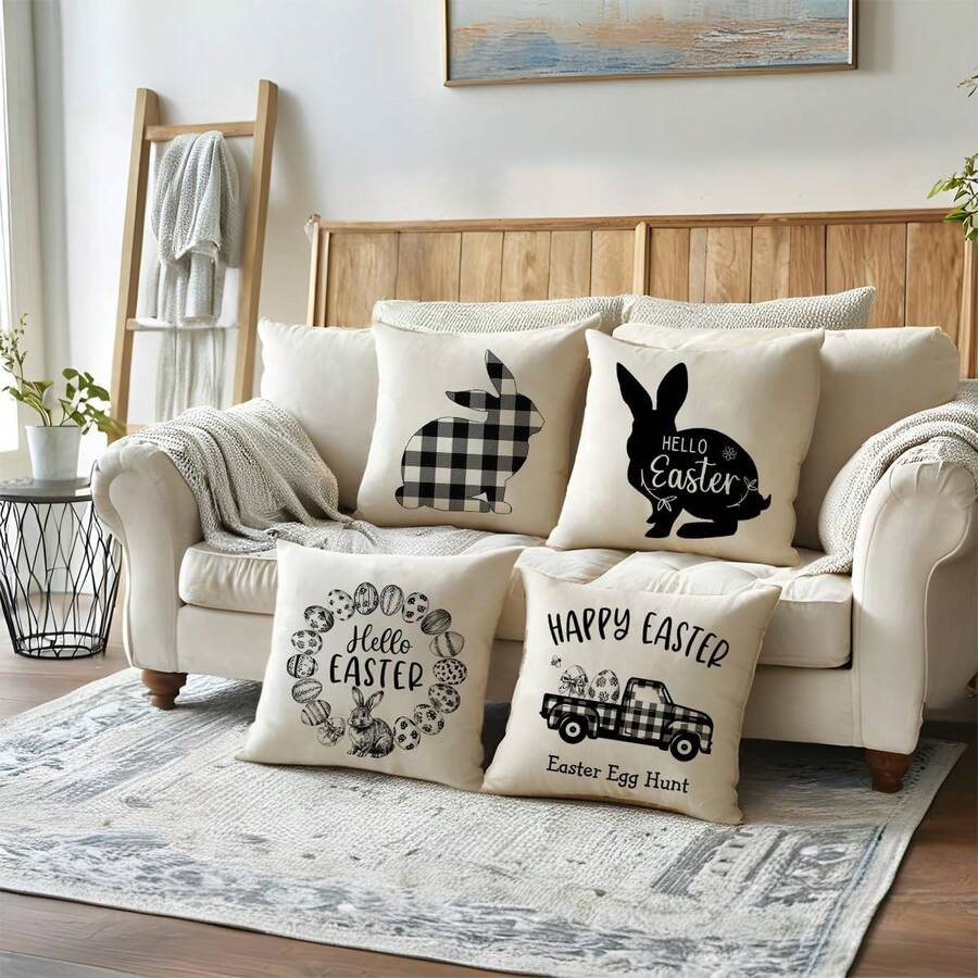 4PCS Happy Easter Pillowcase Black And White Buffalo Check Farmhouse Style Square Pillowcase Easter Bunny/Easter Egg Spring Cushion Cover Single-Sided, Pillow Not Included - Black - View 1