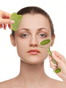 2pcs Natural Jade Gua Sha Board, Double-Headed Roller, Facial Care, Therapy Massage Gua Sha Set, Facial Skin Care Beauty Tool - Green - View 4