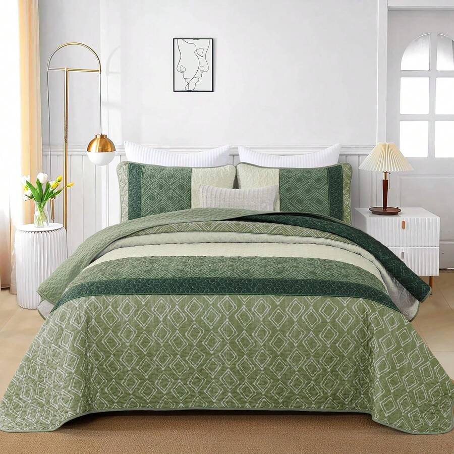 3 Pieces Green Queen King Size Quilt Set, Striped Plaid Bedspread Coverlet Set, Boho Summer Bedding Set Soft Microfiber Bedding Set With 2 Pillow Shams, Suitable For Wedding Items, Valentines Day Home Bed Room Decor, Mothers Day Gift, All Season - 綠色02 - 查看 1
