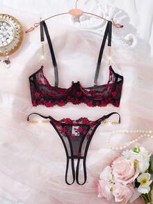 1 Set de Lencería Sexy para Mujer, Malla Transparente con Bordado Floral y Ribete de Encaje con Cadena Dorada, Diseño Abierto de 1/4 de Copa con Abertura y Ajustable, Conjunto de 2 Piezas de Sostén y Pantie - Negro - Ver 4