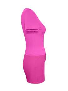 LovelyWholesale Bộ đồ nữ thường ngày màu trơn cổ tròn tay ngắn và quần short có dây rút, kiểu dáng thanh lịch mùa hè. - Màu Hồng Tươi - Xem 6