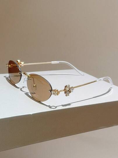 1 件装女士新款椭圆形镜框时尚眼镜，无框设计，简约装饰眼镜，新颖镜腿设计，闪亮水钻装饰，纯色女士时尚配饰