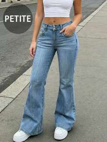 Women's Casual Fashion Washed Stretch Denim Low Waist 2-Button Petite Floor-Length Flare Jeans - Medium Wash - View 7